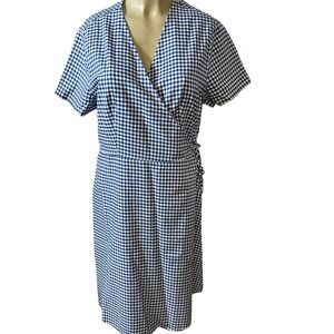 Dockers Womens Wrap Dress Blue White Gingham Plaid Short Sleeve Midi XL